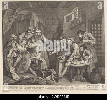 Tom Rakewell mit Ablehnungsschreiben und Sarah Young ohnmächtig, Progress of a Libertine (Serientitel), The Rake's Progress (Serientitel), Text in englischer Sprache am unteren Rand. Hier erhält Tom einen Ablehnungsbrief von John Rich, dem Manager des Covent Garden Theatre, über ein eingereichtes Stück. Zwei Personen konfrontieren Tom: Der Mann mit dem Schlüssel als Vertreter des Schuldnergefängnisses (Flottengefängnis) und der andere Mann, der Geld für den Becher Bier sammelt. Toms Frau steht mit geballter Faust neben ihm, weil er ihr ganzes Geld verspielt hat. Zwei Leute versuchen, eine ohnmächtige Sarah wiederzubeleben Stockfoto