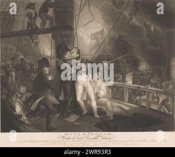 Schlacht von Trafalgar mit dem Tod von Horatio Nelson, Schlacht von Trafalgar und Tod von Lord Viscount Nelson (Titel auf Objekt), Druckerei: Robert Cooper, nach Malerei von: William Marshall Craig, Verlag: Edward Orme, London, Jun-1806, Papier, Ätzen, Höhe 505 mm, Breite 617 mm, Druck Stockfoto