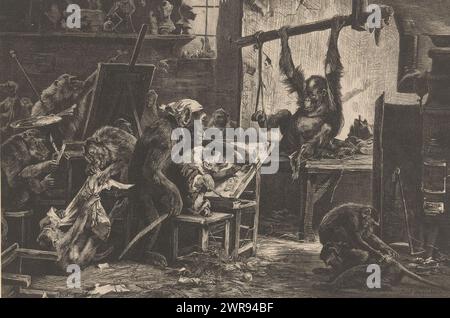 Affen im Atelier, Affenakademie (Titel zum Objekt), Druckerei: Bothe, nach Malerei von Paul Friedrich Meyerheim, 1852 - 1915, Papier, Holzstich, Höhe 322 mm x Breite 470 mm, Druck Stockfoto