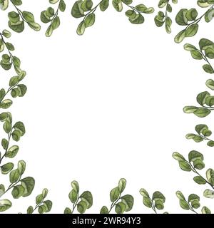Grüne Eukalyptus Aquarellblätter und Zweige quadratischer Kranz, Hand gezeichnete Botanik-Rahmen-Vorlage für Hochzeitseinladungen oder Karten, Vektorhintergrund Stock Vektor
