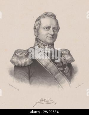 Porträt Hendrik Merkus de Kock, der Sitter trägt eine Militäruniform mit zwei Ordenssternen, zwei Rittern und einem Ehrenzeichen für dreißig Jahre Militärdienst. Seine Unterschrift unter dem Porträt., Druckerei: Johan Hendrik Hoffmeister, Drucker: Koninklijke Steendrukkerij van E. Spanier, Druckerei: Niederlande, Drucker: Den Haag, um 1851 - ca. 1883, Papier, Höhe 500 mm x Breite 345 mm, Druck Stockfoto