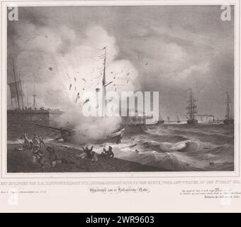 Explosion von Jan van Speijks Boot vor Antwerpen, Sprung von ASAP Kanonenboot Nr. II. Unter dem Kommando von J. C. van Speyck, am 5. Februar 1831 nach Antwerpen. (Titel auf Objekt), das Schiff ist von Staubwolken umhüllt. Trümmer und Menschen fliegen durch die Luft. Am Kai rennen Soldaten und Zivilisten um ihr Leben. Mehr Schiffe auf der rechten Seite auf See. Unter dem Bild: Der niederländischen Nation gewidmet. Unten rechts zwei Gedichtzeilen von Jan Frederik Helmers (1767–1813) aus dem Lobespoem 'de Hollandsche Natie' von 1813., Druckerei: Francois Magneé, Brüssel, 1831, Papier, Höhe 410 mm x Breite 430 mm Stockfoto