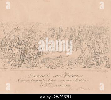 Schlacht von Waterloo, Schlacht von Waterloo (Titel auf Objekt), Schlacht von Waterloo, 18. Juni 1815. Blick auf das Schlachtfeld in dem Moment, in dem der englische Kommandant Wellington hört, dass preußische Hilfe auf dem Weg ist. Der verwundete Wilhelm, Prinz von Orange, wird links im Vordergrund weggenommen. Die Kommandeure und andere Offiziere zu Pferd sind in der Mitte, mit verwundeten und toten Soldaten im rechten Vordergrund. Im Hintergrund wüten die Schlachten auf dem Schlachtfeld., Druckerei: Nicolaas Pieneman, nach Entwurf: Jan Willem Pieneman, Niederlande, 1819–1860, Papier Stockfoto