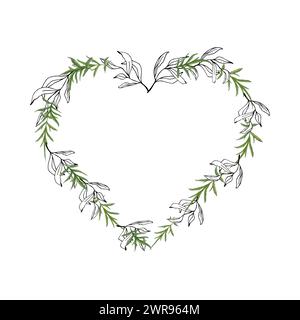 Grüne Aquarelle und Linie Art Blätter und Zweige Herzen Rahmen Kranz, Hand gezeichnete Botanik Rahmen Vorlage für Hochzeit Einladung oder Karten, Vektor Backgr Stock Vektor