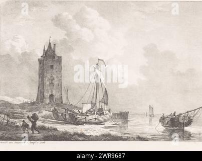 Küstenlandschaft mit Turm, zwei Segelboote liegen vor einem Turm am Strand. Auf der linken Seite gehen zwei Figuren mit Körben. Rechts segeln Segelboote auf See., Druckerei: Johannes Christiaan Schotel, Drucker: Steuerwald & Co., Dordrecht, 1826 - 1833, Papier, Höhe 303 mm x Breite 407 mm, Druck Stockfoto