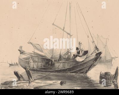 Verankertes Segelboot, zwei Figuren auf einem Segelboot auf dem Wasser mit einem Seil um einen Schiffspoller am Ufer., Druckerei: Petrus Johannes Schotel, nach eigenem Entwurf von: Petrus Johannes Schotel, Drucker: Koninklijke Nederlandse Steendrukkerij van C.W. Mieling, den Haag, 1847 - 1865, Papier, Höhe 242 mm x Breite 301 mm, bedruckt Stockfoto