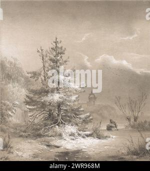 Winterlandschaft mit Nadelbäumen und Mann mit Schlitten. In einer Winterlandschaft mit zwei schneebedeckten Nadelbäumen, rechts, läuft ein Mann hinter einem Schlitten auf einem gefrorenen Fluss. Im Hintergrund ein Kirchturm., Druckerei: Andreas Schelfhout, Drucker: Koninklijke Nederlandse Steendrukkerij van C.W. Mieling, den Haag, 1847 - 1865, Papier, Höhe 380 mm x Breite 315 mm, Druck Stockfoto