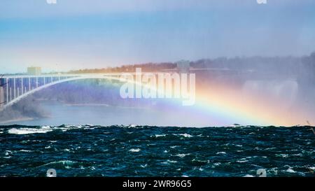 Niagarafälle, Kanada - 8. März 2024: Panoramablick auf den Regenbogen der Niagarafälle mit Regenbogenbrücke im Hintergrund Stockfoto