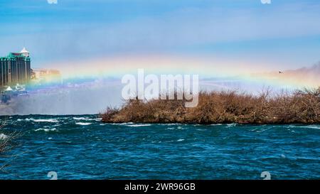 Niagarafälle, Kanada - 8. März 2024: Panoramablick auf den Regenbogen der Niagarafälle mit Regenbogenbrücke im Hintergrund Stockfoto