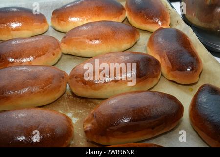 Kuchen mit brauner Füllung liegen in Reihen auf einem Backblech, Draufsicht. Stockfoto