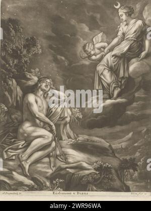 Diana and Endymion, Endymion and Diana (Titel über Objekt), Druckerei: Bernard Lens (II), nach Entwurf: Abraham van Diepenbeeck, Verlag: Bernard Lens (II), London, 1682 - 1725, Papier, Höhe 226 mm x Breite 177 mm, Druck Stockfoto