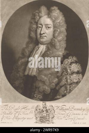 Porträt von William Bromley, Text in englischer Sprache am unteren Rand., Druckmacher: John Smith (Druckmacher/ uitgever), nach Malerei von: Michael Dahl, Verlag: John Smith (Druckmacher/ uitgever), 1712 - 1742, Papier, Höhe 348 mm x Breite 250 mm, Druck Stockfoto