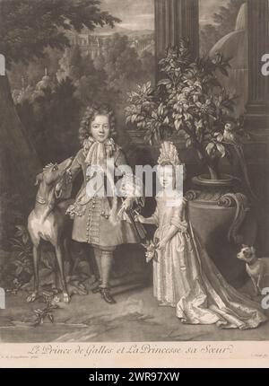 Porträt von Prinz Jacobus Francis Edward Stuart und Prinzessin Louise Maria Therese Stuart, Le Prince de Galles et La Princesse sa Soeur (Titel über Objekt), Druckerei: John Smith (Prentmaker/uitgever), nach Malerei von Nicolas de Largillière, Verlag: John Smith (Prentmaker/Uitgever), 1695 - 1742, Papier, Höhe 401 mm x Breite 301 mm, Druck Stockfoto