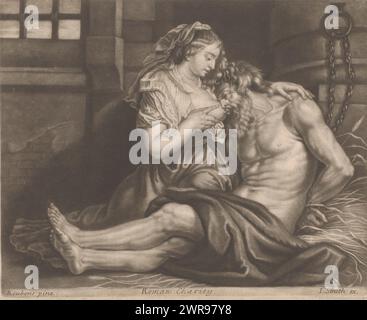 Cimon and Pero, Roman Charity (Titel über Objekt), Caritas Romana, Druckerei: John Smith (Druckmacher/ uitgever), (zugeschrieben), nach Malerei von Peter Paul Rubens, 1662 - 1742, Papier, Höhe 180 mm x Breite 222 mm, Druck Stockfoto