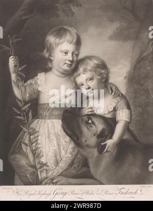 Porträt von Georg IV. Und Friedrich Augustus als Kinder, seiner Königlichen Hoheit Georg Prinz von Wales und Prinz Friedrich (Titel auf Objekt), Georg ist links. Frederik Augustus legt seinen Arm um einen Hund., Druckerei: James Watson (Druckmacher), nach Malerei von: Catherine Read, London, ca. 1765 - ca. 1770, Papier, Höhe 505 mm x Breite 380 mm, Druck Stockfoto