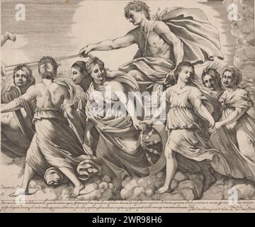 Apollo und Aurora (rechter Teil), Apollo der Sonnengott sitzt auf seinem Wagen, der von vier Pferden gezogen wird. Die Horae, die Göttinnen der Jahreszeiten, tanzen um ihn herum. Ein Putto mit einer Fackel und Aurora schweben vor ihm. Mit Blumen verjagt Aurora die Nacht und bringt den Sonnenaufgang. Ein Wappen in der Mitte. Widmung und zweizeiliger Text in lateinischer Sprache am unteren Rand., Druckerei: Giovanni Battista Pasqualini, nach Malerei von: Guido Reni, Pauselijk hof, Druckerei: Italien, nach Malerei von: Rom, Vatikanstadt, 1622 - ca. 1634, Papier, Gravur, Höhe 405 mm x Breite 486 mm Stockfoto