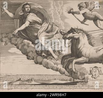 Apollo und Aurora (links), Apollo der Sonnengott sitzt auf seinem Wagen, der von vier Pferden gezogen wird. Die Horae, die Göttinnen der Jahreszeiten, tanzen um ihn herum. Ein Putto mit einer Fackel und Aurora schweben vor ihm. Mit Blumen verjagt Aurora die Nacht und bringt den Sonnenaufgang. Ein Wappen in der Mitte. Widmung und zweizeiliger Text in lateinischer Sprache am unteren Rand., Druckerei: Giovanni Battista Pasqualini, nach Malerei von: Guido Reni, Pauselijk hof, Druckerei: Italien, nach Malerei von: Rom, Vatikanstadt, 1622 - ca. 1634, Papier, Gravur, Höhe 405 mm x Breite 464 mm Stockfoto