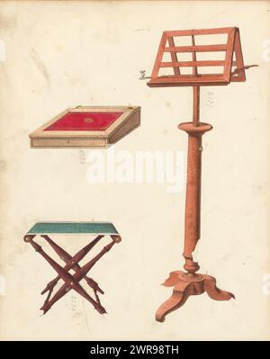 Drei Designs, ein Notenständer, ein Klappstuhl und ein Rednerpult mit Tintenständer. Drei Designs, darunter ein Notenständer (Mahagoni), ein Design für einen Klappstuhl und ein Design für ein Rednerpult mit Tintenständer (verschiedene Holzarten). Das Blatt auf der Rückseite ist nummeriert: 36, das gegenüberliegende Blatt mit Informationen über die abgebildeten Möbel ist nummeriert: 36 bis. Teil eines Albums mit 80 Seiten mit Zeichnungen und einem Druck von Furnier- und Lackmöbeln sowie Sitzmöbeln., Zeichner: Anonym, Paris, (evtl.), ca. 1825 - ca. 1839, Papier, Stift, Pinsel, Höhe ca. 240 mm, Breite ca. 310 mm Stockfoto