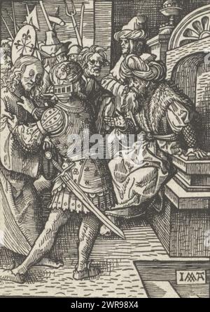 Christus vor Pilatus, das kleine Leiden (Reihentitel), Christus wird vor Pilatus gebracht, der einen Turban trägt und auf seinem Thron sitzt. Ein Soldat hält Christus. Druck ist Teil eines Buches., Druckerei: Jacob Cornelisz van Oostsanen, Verlag: Doen Pietersz., Amsterdam, 1523, Papier, Höhe 112 mm x Breite 81 mm, Höhe 141 mm x Breite 101 mm, bedruckt Stockfoto