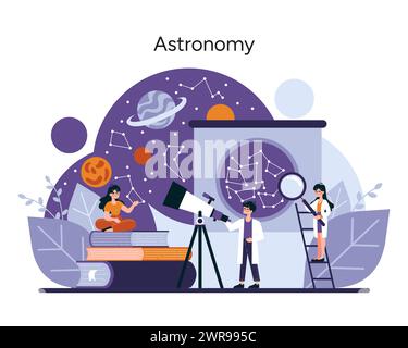 Astronomie-Enthusiasten-Konzept. Die Charaktere sind mit einem Teleskop und Sternenkarten mit der Himmelskundung beschäftigt und veranschaulichen das Wunder der Weltraumforschung. Vektorabbildung Stock Vektor