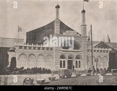 Ansicht des Pavillons der portugiesischen Kolonien auf der Weltausstellung 1885 in Antwerpen, Fassade des Pavillon des Colonies Portugaises (Titel auf Objekt), anonym, Meisenbachs Autotype Company, Antwerpen, ca. 1880 - in oder vor 1885, Papier, Höhe 167 mm x Breite 233 mm, fotomechanischer Druck Stockfoto