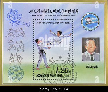 Souvenirbogen mit stornierter Briefmarke, gedruckt von Nordkorea, die 8. Weltmeisterschaft von Taekwondo, Pjöngjang, um 1992. Stockfoto