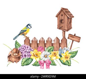 Aquarellillustration mit Blumen, niedlichem Häschen und Vögeln isoliert auf weiß. Frühlingsgarten mit Vogelhäuschen, Gartengeräten und Haustieren zum Packag Stockfoto