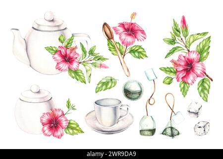 Weißes Teeset in Aquarellfarben, Teebeutel, Zucker und Hibiskusblüten isoliert auf weiß. Tee-Set für die Gestaltung von Verpackungen, Etiketten, Lebensmitteln usw. Stockfoto