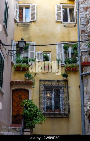 Wunderschöne farbenfrohe gelbe Fassade in Rovinj Kroatien mit Fenstern und Rollläden. Stockfoto