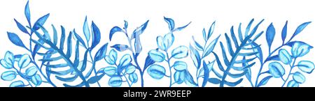 Blaues Aquarell hinterlässt horizontalen Rahmen für Karte oder Einladungen. Hand gezeichneter grüner Blumenstrauß, Vektor isolierte Illustration Stock Vektor