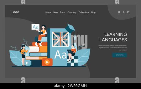 Mehrsprachiges Mastery-Konzept. Sprachen mit Büchern und digitalen Tools integrieren. Die britische Flagge symbolisiert das Englischlernen. Verschiedene Methoden des Spracherwerbs. Vektorabbildung Stock Vektor