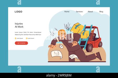 Arbeitsgefahren hervorgehoben. Eine auffällige Vektorillustration, die einen Lagerarbeiter darstellt, der einen schmerzhaften Unfall erlebt. Illustration des flachen Vektors. Stock Vektor