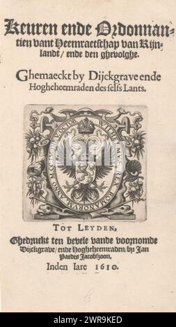 Wappen von Graf Willem II. Von Holland, Titelseite für: Genehmigung und de Ordinances des Heemraetschap van Rijnlandt, 1610, Wappen von Willem II., römischer König und Graf von Holland, umgeben von einer Kartusche mit Muscheln, Früchten und Delfinen. In der Randinschrift der Name Wilhelm II. Und das Datum 5. Oktober 1255. An diesem Tag gab Wilhelm II. Privilegien an das Rijnland Water Board., Druckerei: Willem Isaacsz. Van Swanenburg, Herausgeber: Jan Paets Jacobszoon, Leiden, 1610, Papier, Gravur, Buchdruck, Höhe 200 mm x Breite 111 mm Stockfoto