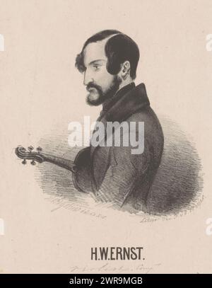 Porträt von Heinrich Wilhelm Ernst, der Sitter ist im Profil dargestellt. Er trägt eine Geige unter dem Arm. Sein Name unter dem Porträt., Druckerei: Hendrik Anthony Frederik Agathus Gobius, nach eigenem Entwurf von: Hendrik Anthony Frederik Agathus Gobius, Drucker: Pieter Wilhelmus van de Weijer, Utrecht, 1825 - 1865, Papier, Höhe 320 mm x Breite 235 mm, Druck Stockfoto