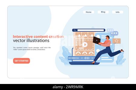 Erstellung Interaktiver Inhalte. Dynamische Abbildung eines Inhalts, der ansprechende Multimedia-Inhalte auf einer Computerplattform entwirft. Digitales Marketing in Aktion. Illustration des flachen Vektors. Stock Vektor