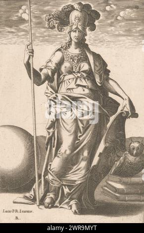 Minerva (Pallas Athena) in Rüstung, Druckerei: René Boyvin, nach Design von: Luca Penni, 1535 - 1598, Papier, Gravur, Höhe 187 mm x Breite 122 mm, Druck Stockfoto