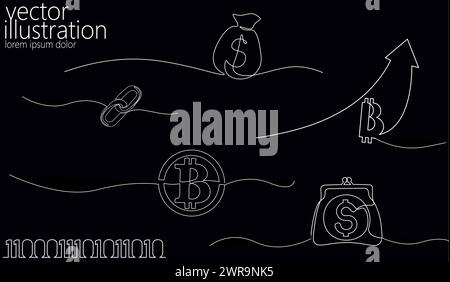 Single Continuous Line Art Bitcoin Kryptowährungssatz. Blockchain modernes Finanzwesen Internationales Banktechnologiekonzept Entwurf einer Skizze Stock Vektor