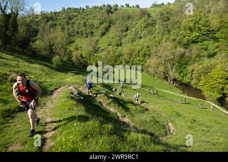 21/05/23 nach der Überquerung des Flusses Dove von Staffordshire nach Derbyshire bei Milldale, kämpfen 350 Teilnehmer mit ihrem ersten Aufstieg des Tages Stockfoto