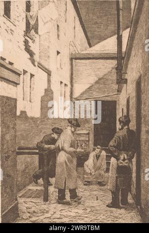 Vier Figuren spielen ein Spiel mit Korken in einer Gasse, Druckerei: Josué Dupon, 1887, Papier, Ätzen, Höhe 220 mm x Breite 158 mm, Druck Stockfoto