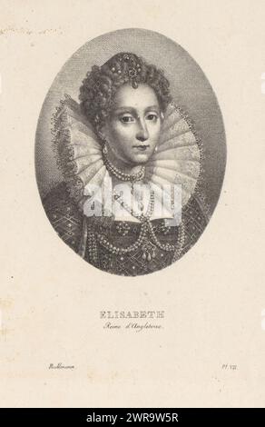 Porträt der Königin Elisabeth I. von England, Elisabeth, reine d'Angleterre (Titel auf Objekt), nummeriert unten rechts: PL. VII., Druckerei: Ludwig Rullmann, 1799 - 1822, Papier, Höhe 235 mm x Breite 149 mm, Druck Stockfoto