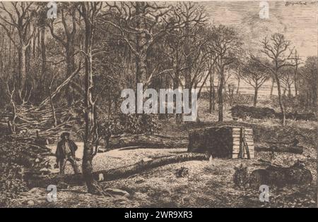 Holzfäller, der im Wald arbeitet, Druckerei: Lambert Jacquelart, 1830 - 1910, Papier, Ätzen, Trockenspitzen, Höhe 194 mm x Breite 283 mm, bedruckt Stockfoto