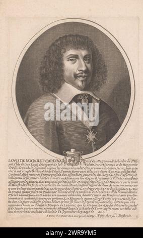 Porträt von Louis de Nogaret de La Valette, Louis de Nogaret Kardinal (Titel über Objekt), Druckerei: Jean Frosne, (zugeschrieben), Verlag: Louis Boissevin, Verlag: Pierre Daret, Druckerei: Frankreich, Verlag: Paris, Verlag: Paris, 1639 - 1676, Papier, Gravur, Ätzen, Höhe 200 mm x Breite 131 mm, bedruckt Stockfoto