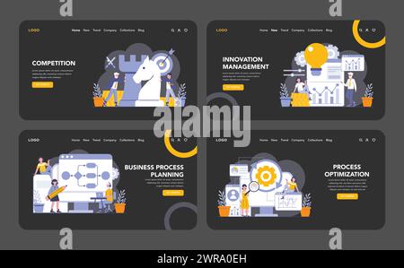 Nachhaltigkeit und betriebliche Prozesse Web- oder Landing-Page-Set im Nacht- oder Dunkelmodus. Umfasst Schutz geistigen Eigentums, globale Geschäftsausweitung und strategisches Supply Chain Management. Stock Vektor