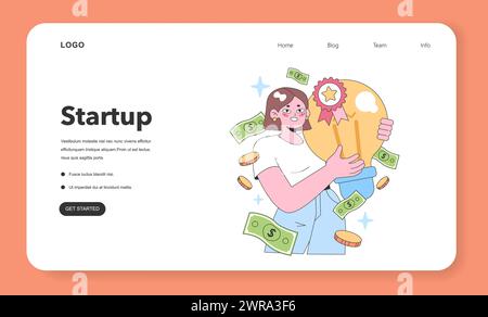 Financial Triumph-Konzept. Fröhliche Frau, die eine riesige Goldmünze mit einem Siegerband hält, umgeben von schwebenden Geldscheine und glitzernden Sternen. Illustration des flachen Vektors. Stock Vektor