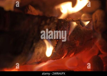 Fossile Brennstoffe zur Wohnraumbeheizung Brennholz umgeben von Flammen in einem Kachelofen um Kohle auf die erforderliche Temperatur zur Glut zu bringen *** fossile Brennstoffe zur Wohnraumbeheizung Brennholz umgeben von Flammen in einem Kachelofen, um Kohle auf die erforderliche Temperatur für Glut zu bringen Stockfoto