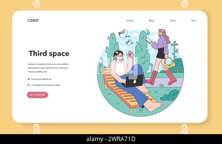 Webbanner oder Landing-Page an dritter Stelle. Soziale Umgebung, getrennt von Zuhause und Arbeitsplatz. Community Life Building, People Interaction und Kommunikationszone. Illustration des flachen Vektors Stock Vektor