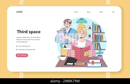 Webbanner oder Landing-Page an dritter Stelle. Soziale Umgebung, getrennt von Zuhause und Arbeitsplatz. Community Life Building, People Interaction und Kommunikationszone. Illustration des flachen Vektors Stock Vektor