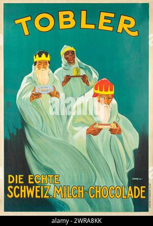 Vintage-Werbeplakat für Tobler-Schokolade, auf dem die drei Könige Tobler-Schokolade mitbringen, einschließlich Toblerone-Bar als Geschenk für die 1920er Jahre Stockfoto