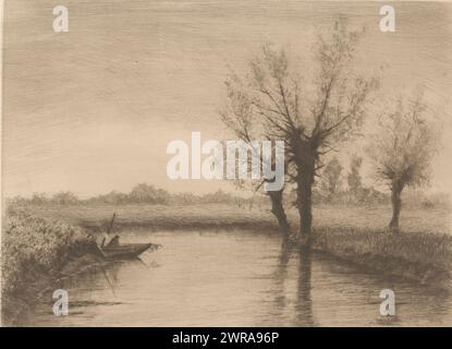 Landschaft mit drei Weiden entlang eines Baches und einem Fischerboot auf dem Wasser, Druckerei: Henri Rul, 1872 - 1913, Papier, Ätzen, Trockenspitze, Höhe 199 mm x Breite 255 mm, bedruckt Stockfoto