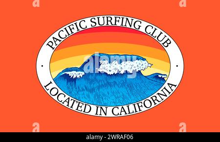 Atlantische Gezeitenwellen und rote Sonne. Alte, handgezeichnete Etiketten mit Gravur. Pacific Surfing Club In Kalifornien. Banner im japanischen Stil Stock Vektor